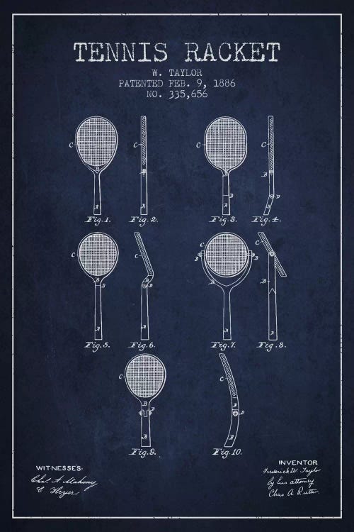 Tennis Racket Navy Blue Patent Blueprint by Aged Pixel wall art