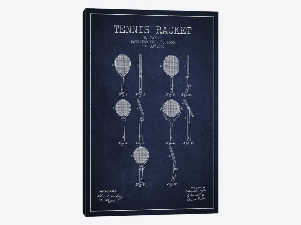 Tennis Racket Navy Blue Patent Blueprint by Aged Pixel 1-piece Canvas Artwork
