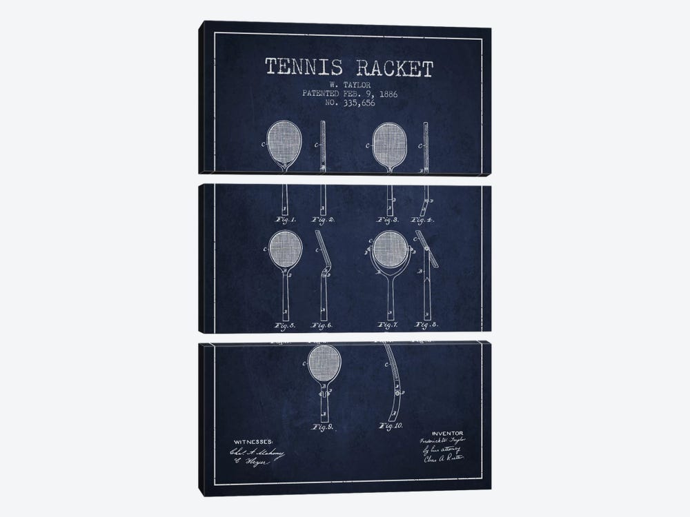 Tennis Racket Navy Blue Patent Blueprint by Aged Pixel 3-piece Canvas Art