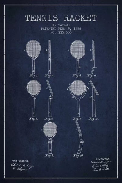 Tennis: Tennis Racket Navy Blue Patent Blueprint by Aged Pixel