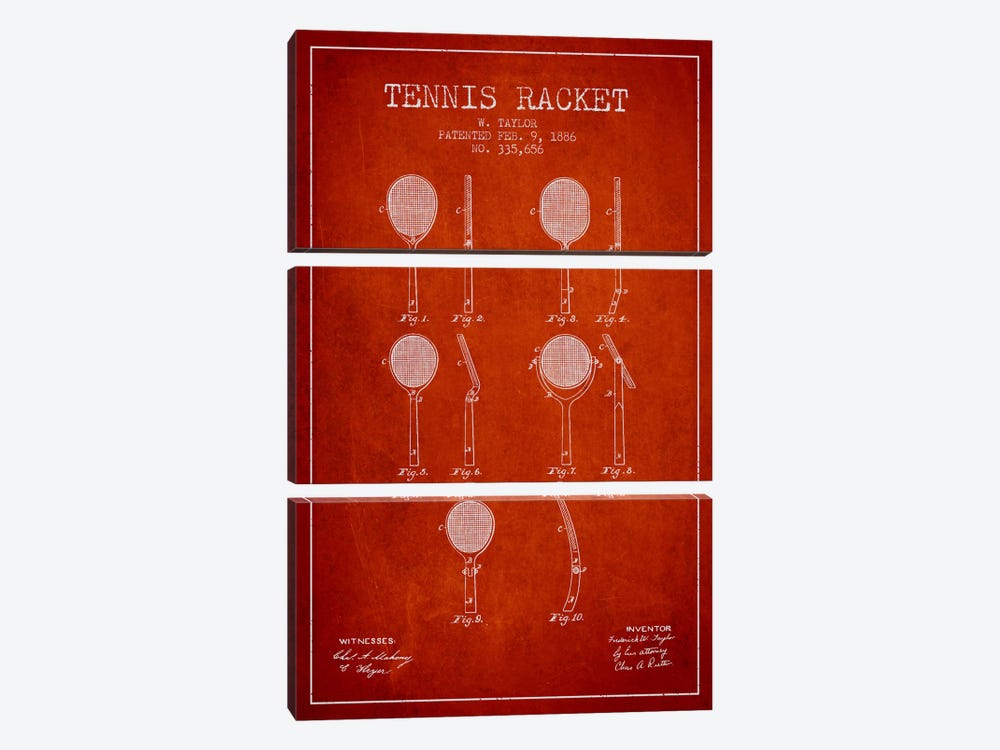 Tennis Racket Red Patent Blueprint by Aged Pixel 3-piece Canvas Art Print