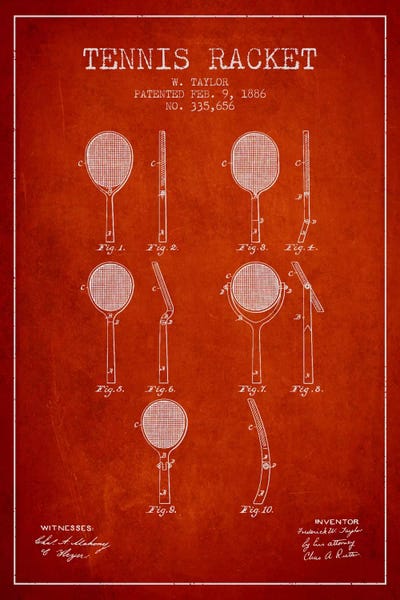Sports Blueprints: Tennis Racket Red Patent Blueprint by Aged Pixel