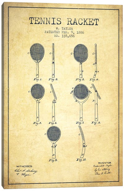 Tennis Racket Vintage Patent Blueprint Canvas Art Print - Aged Pixel: Sports