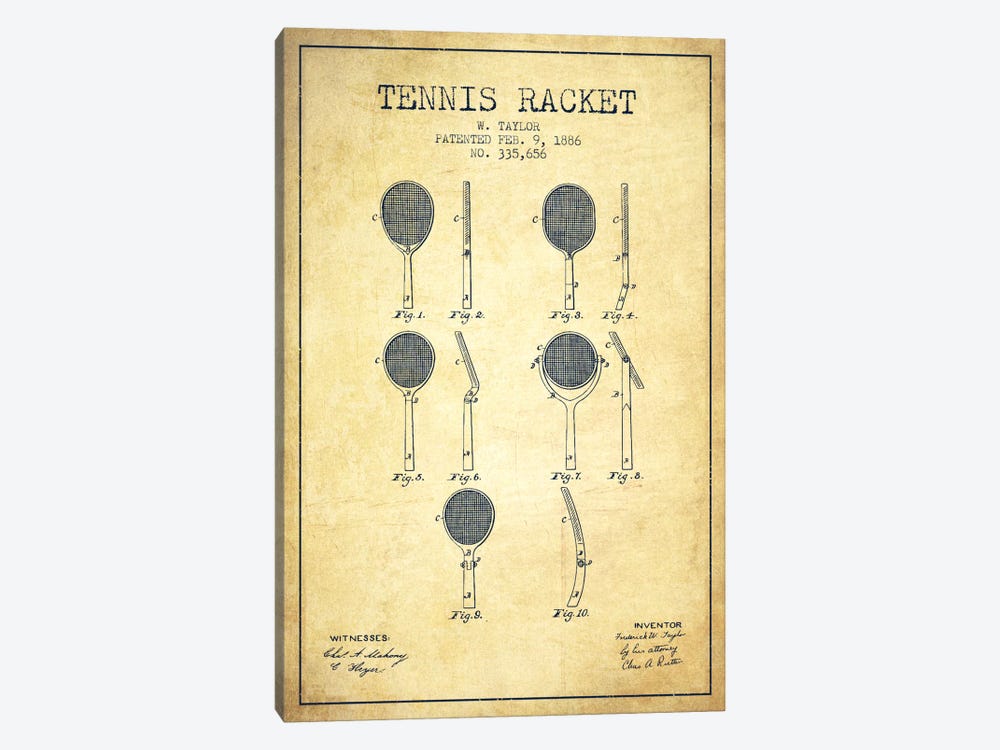 Tennis Racket Vintage Patent Blueprint by Aged Pixel 1-piece Canvas Artwork