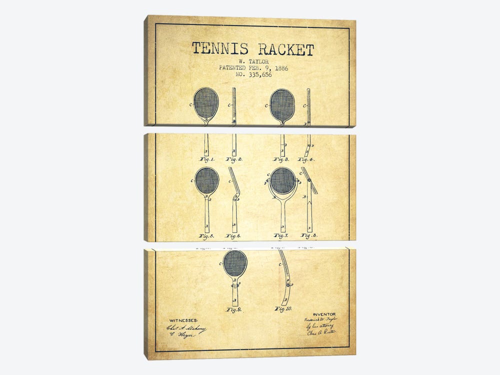 Tennis Racket Vintage Patent Blueprint 3-piece Canvas Wall Art