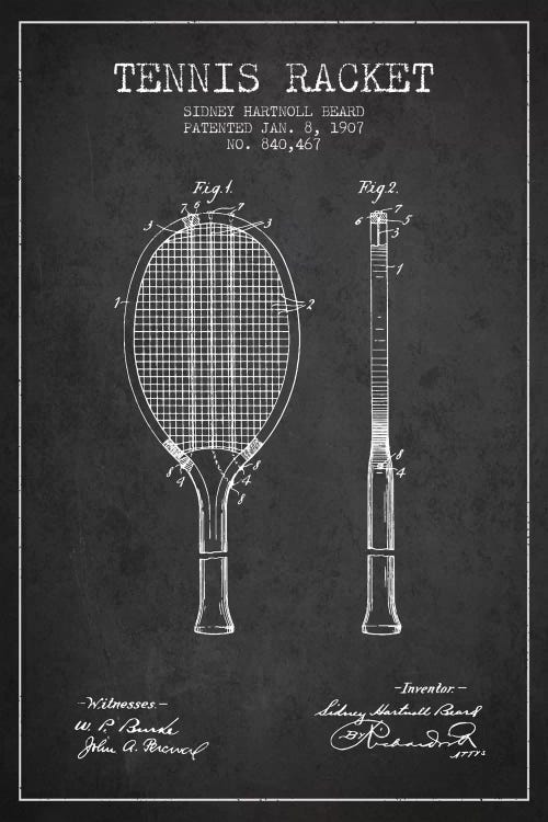 Tennis Racket Charcoal Patent Blueprint by Aged Pixel wall art