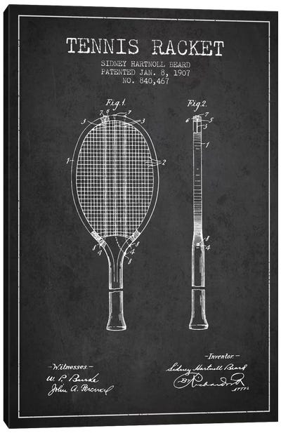 Tennis Racket Charcoal Patent Blueprint Canvas Art Print - Aged Pixel: Sports