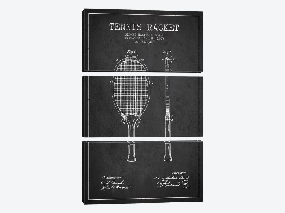 Tennis Racket Charcoal Patent Blueprint by Aged Pixel 3-piece Canvas Artwork
