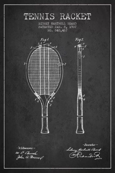 Sports Blueprints: Tennis Racket Charcoal Patent Blueprint by Aged Pixel