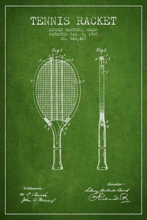 Tennis Racket Green Patent Blueprint