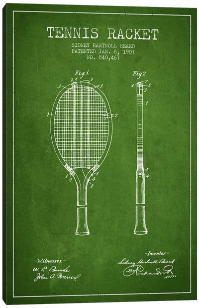 Tennis Racket Green Patent Blueprint Canvas Art Print - Aged Pixel: Sports