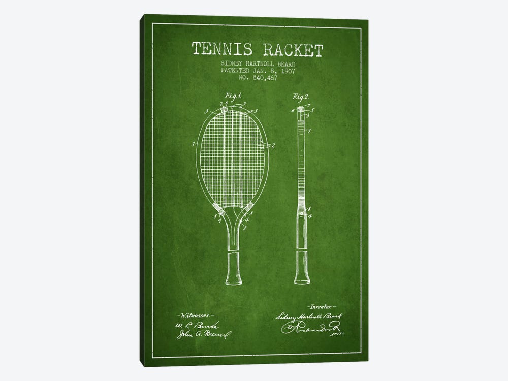 Tennis Racket Green Patent Blueprint by Aged Pixel 1-piece Art Print