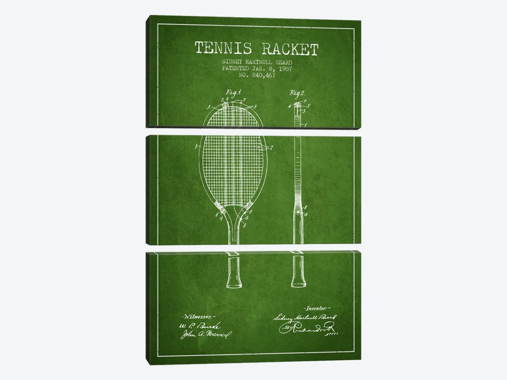 Tennis Racket Green Patent Blueprint by Aged Pixel 3-piece Canvas Print