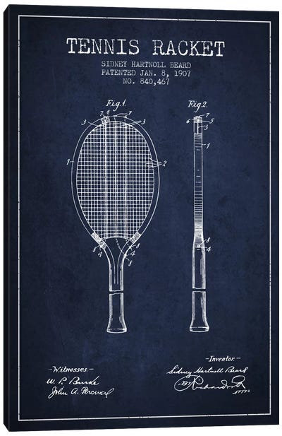 Tennis Racket Navy Blue Patent Blueprint Canvas Art Print - Aged Pixel