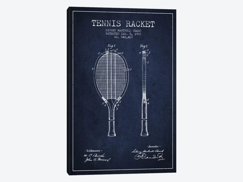 Tennis Racket Navy Blue Patent Blueprint by Aged Pixel 1-piece Canvas Wall Art