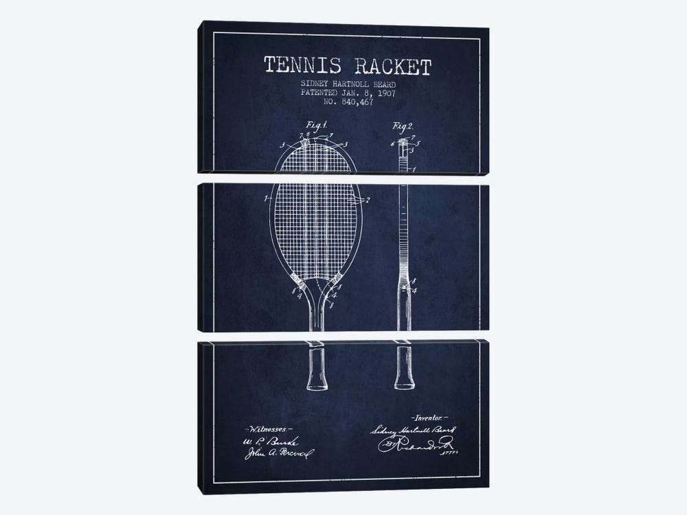 Tennis Racket Navy Blue Patent Blueprint by Aged Pixel 3-piece Canvas Wall Art