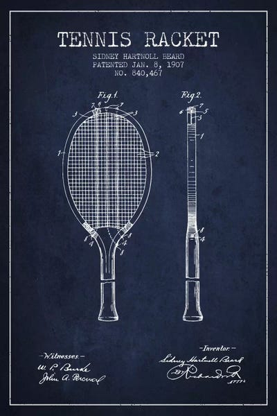 Sports Blueprints: Tennis Racket Navy Blue Patent Blueprint by Aged Pixel