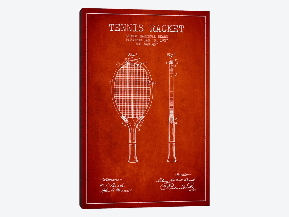 Tennis Racket Red Patent Blueprint by Aged Pixel 1-piece Canvas Art Print