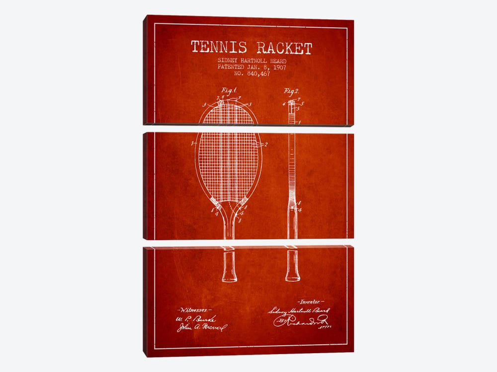Tennis Racket Red Patent Blueprint by Aged Pixel 3-piece Art Print
