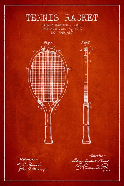 Sports Blueprints: Tennis Racket Red Patent Blueprint by Aged Pixel