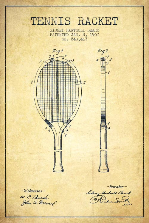 Tennis Racket Vintage Patent Blueprint by Aged Pixel wall art