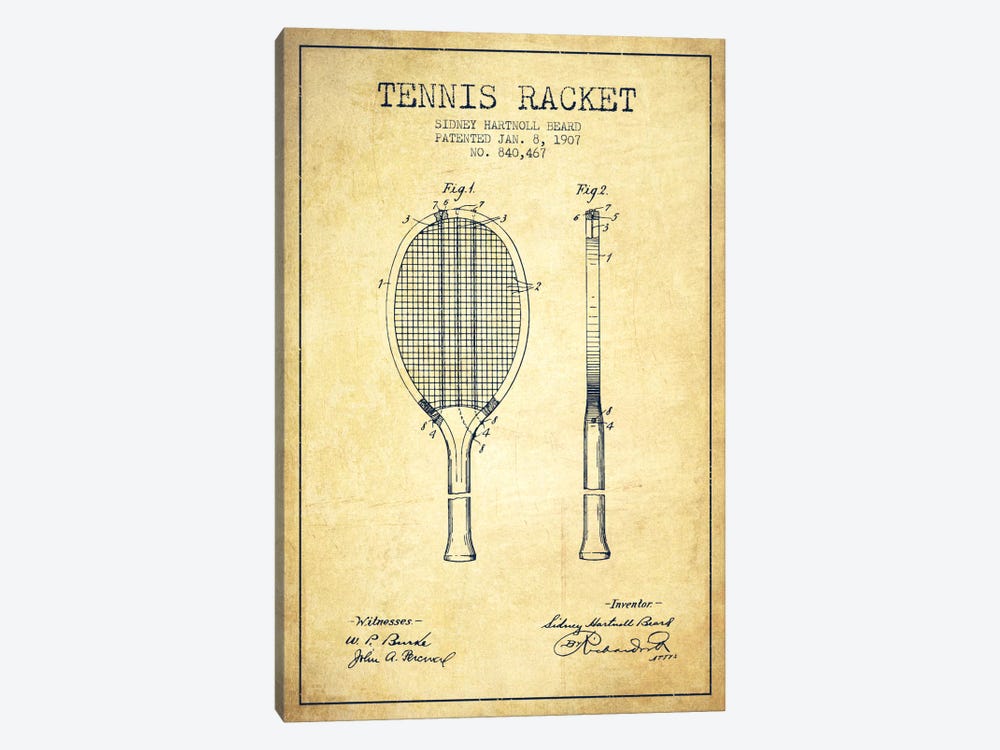 Tennis Racket Vintage Patent Blueprint by Aged Pixel 1-piece Canvas Wall Art