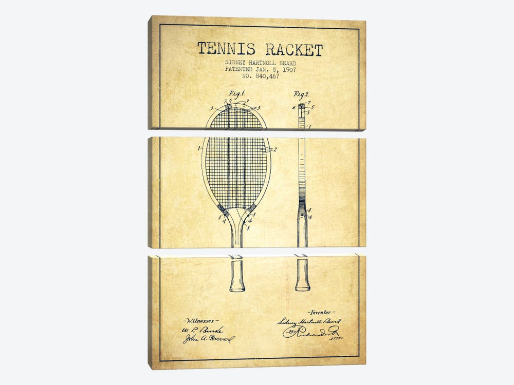 Tennis Racket Vintage Patent Blueprint by Aged Pixel 3-piece Canvas Wall Art