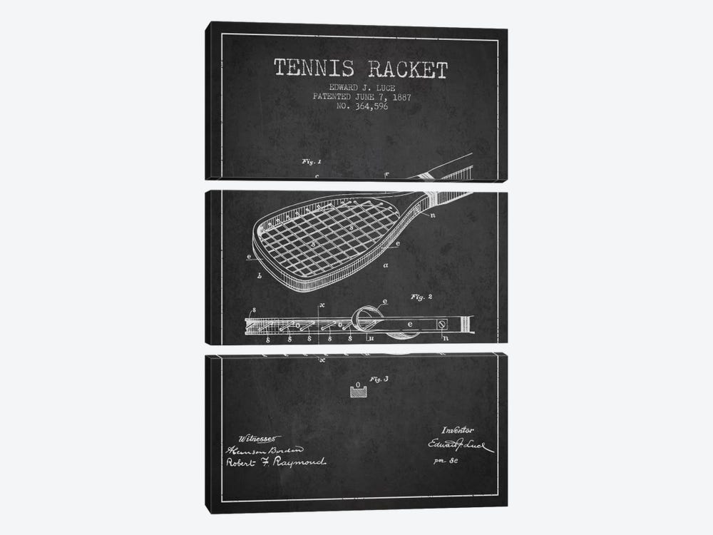 Tennis Racket Charcoal Patent Blueprint by Aged Pixel 3-piece Canvas Art Print