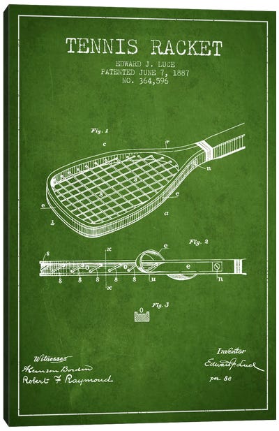 Tennis Racket Green Patent Blueprint Canvas Art Print - Sports Blueprints