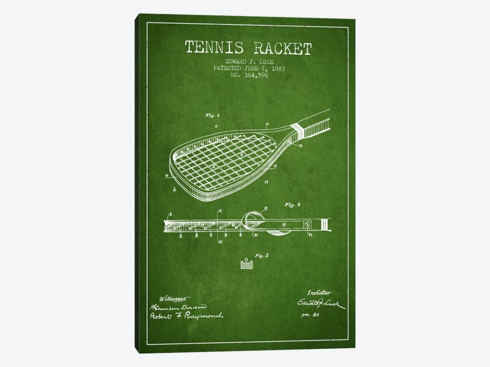 Tennis Racket Green Patent Blueprint by Aged Pixel 1-piece Canvas Art
