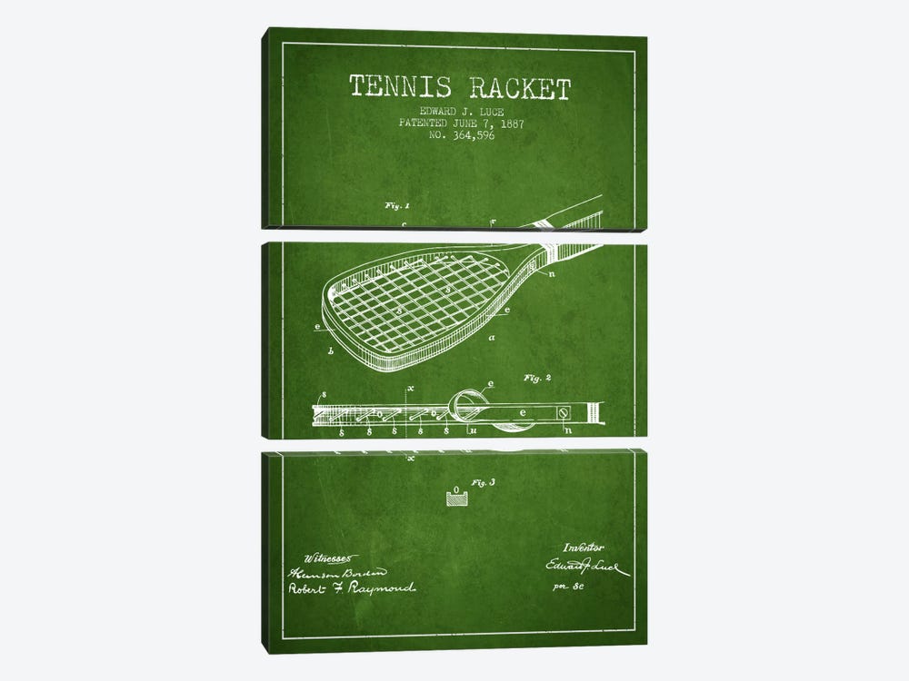 Tennis Racket Green Patent Blueprint by Aged Pixel 3-piece Canvas Wall Art