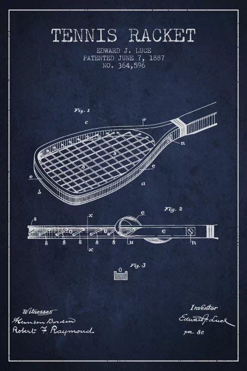 Tennis Racket Navy Blue Patent Blueprint by Aged Pixel wall art