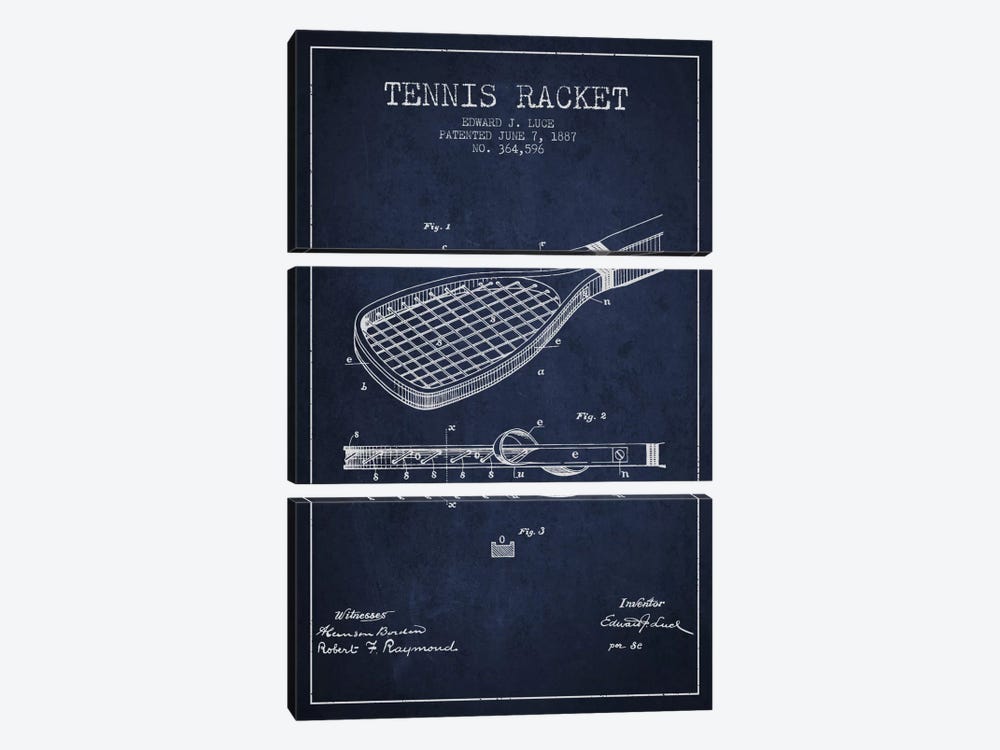 Tennis Racket Navy Blue Patent Blueprint by Aged Pixel 3-piece Art Print