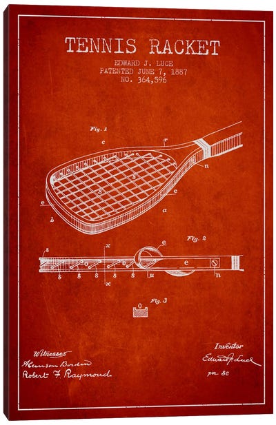 Tennis Racket Red Patent Blueprint Canvas Art Print - Aged Pixel