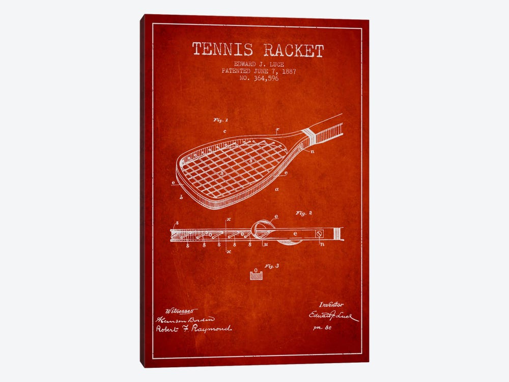 Tennis Racket Red Patent Blueprint by Aged Pixel 1-piece Canvas Artwork