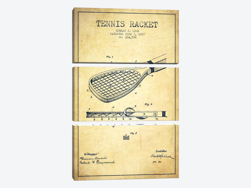 Tennis Racket Vintage Patent Blueprint by Aged Pixel 3-piece Canvas Print