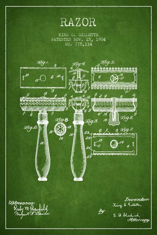Razor Green Patent Blueprint by Aged Pixel wall art