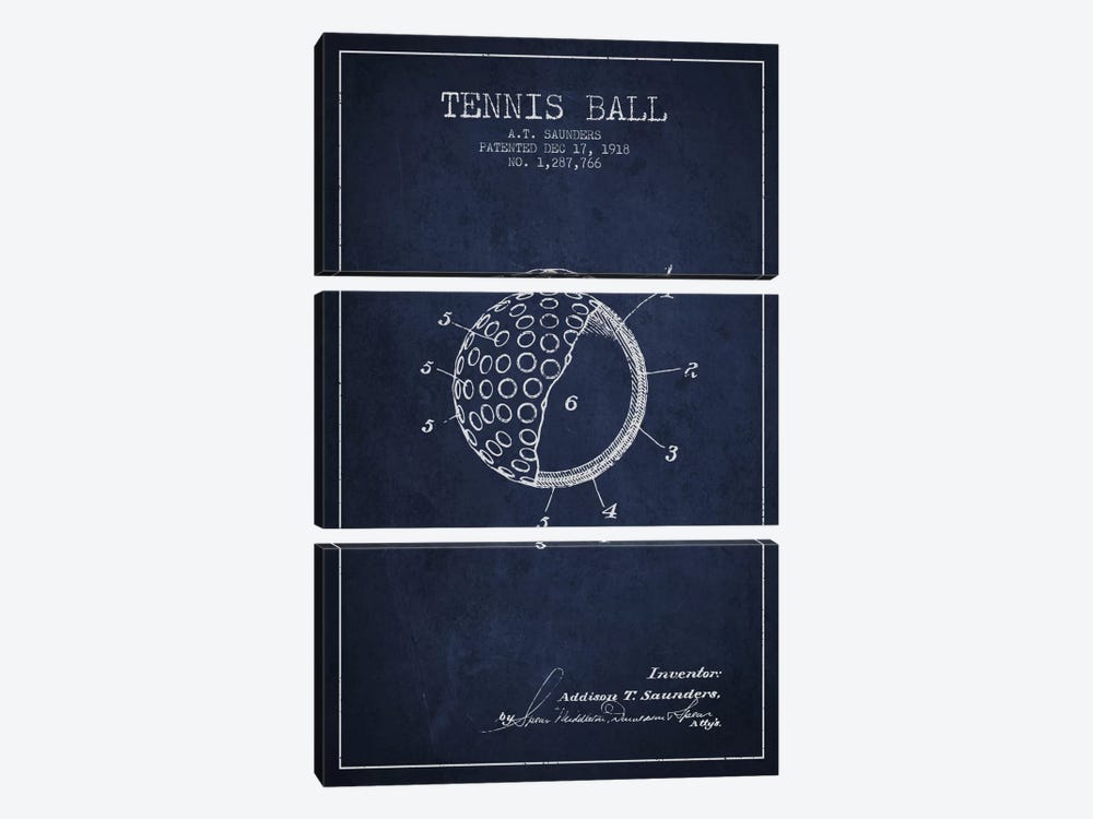 Tennis Ball Navy Blue Patent Blueprint by Aged Pixel 3-piece Canvas Art