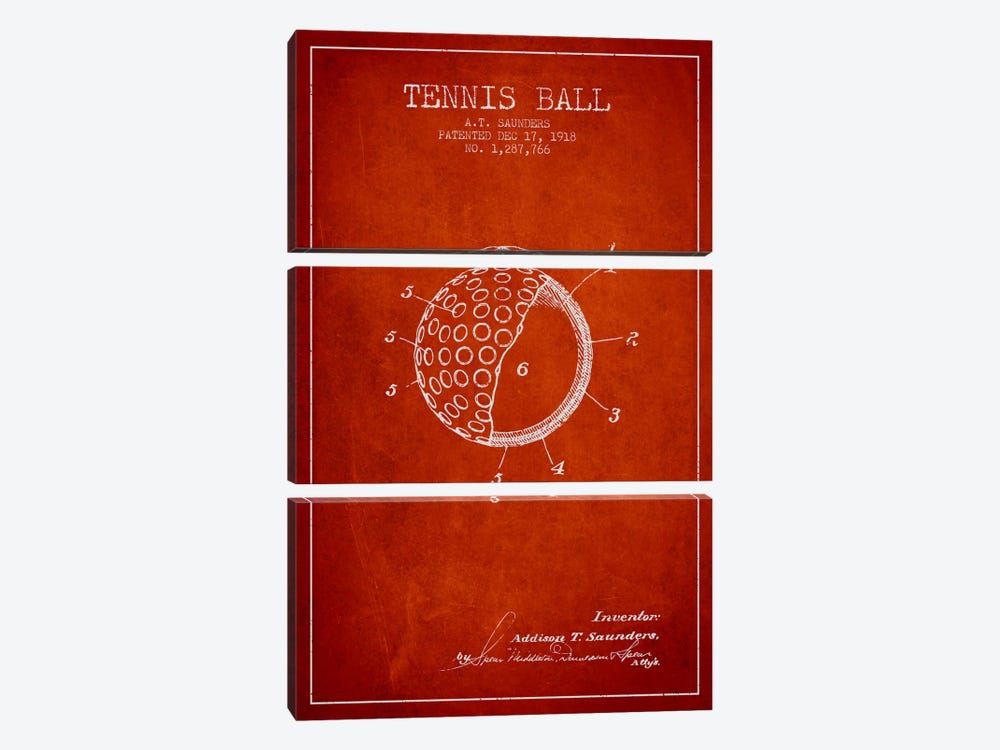 Tennis Ball Red Patent Blueprint by Aged Pixel 3-piece Canvas Art Print