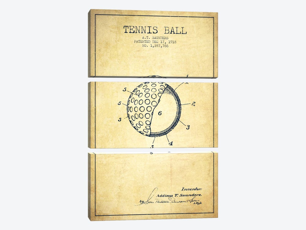 Tennis Ball Vintage Patent Blueprint by Aged Pixel 3-piece Canvas Wall Art
