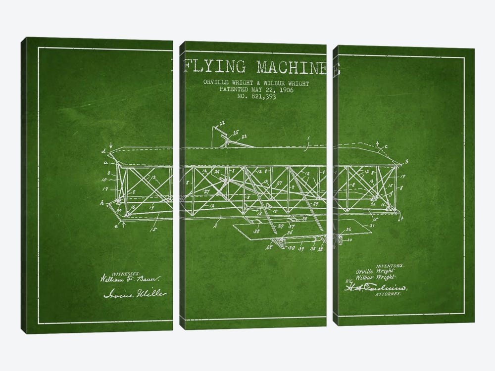 Airplane Green Patent Blueprint by Aged Pixel 3-piece Canvas Art