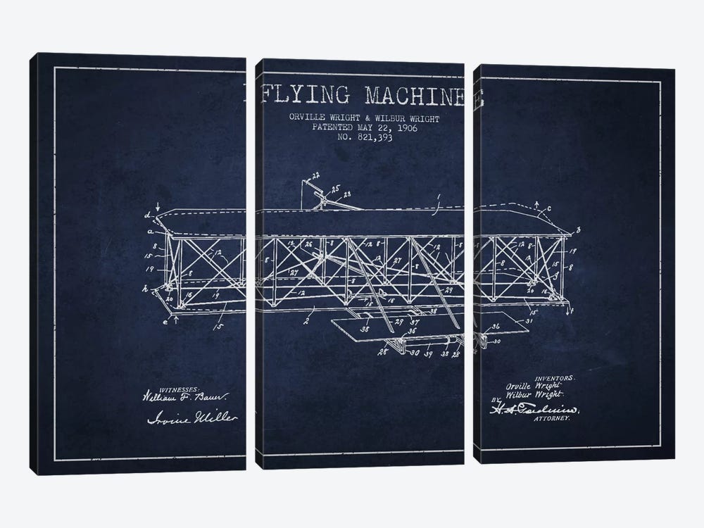 Airplane Navy Blue Patent Blueprint by Aged Pixel 3-piece Art Print