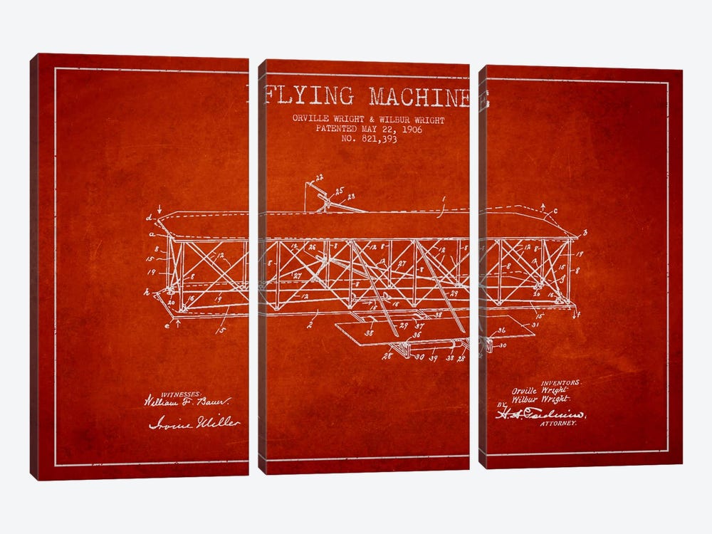 Airplane Red Patent Blueprint by Aged Pixel 3-piece Canvas Artwork