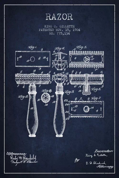 Razor Navy Blue Patent Blueprint by Aged Pixel wall art