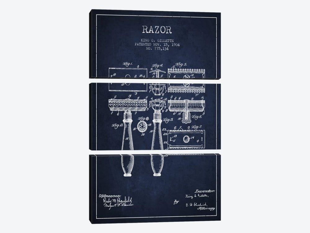 Razor Navy Blue Patent Blueprint by Aged Pixel 3-piece Canvas Art Print