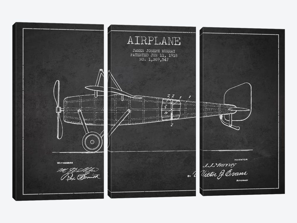 Airplane Charcoal Patent Blueprint by Aged Pixel 3-piece Canvas Print