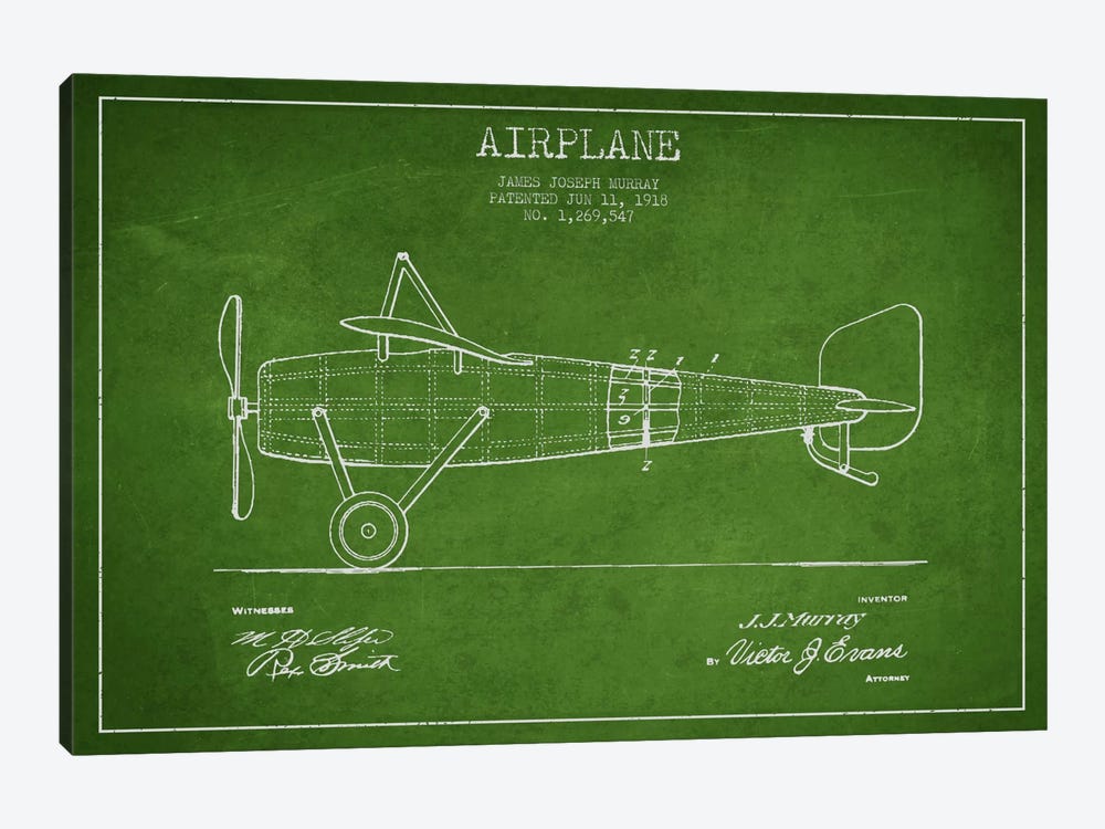 Airplane Green Patent Blueprint by Aged Pixel 1-piece Canvas Art