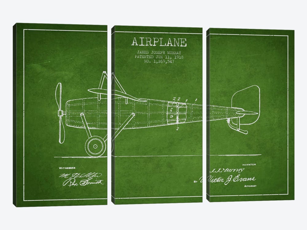 Airplane Green Patent Blueprint by Aged Pixel 3-piece Canvas Artwork