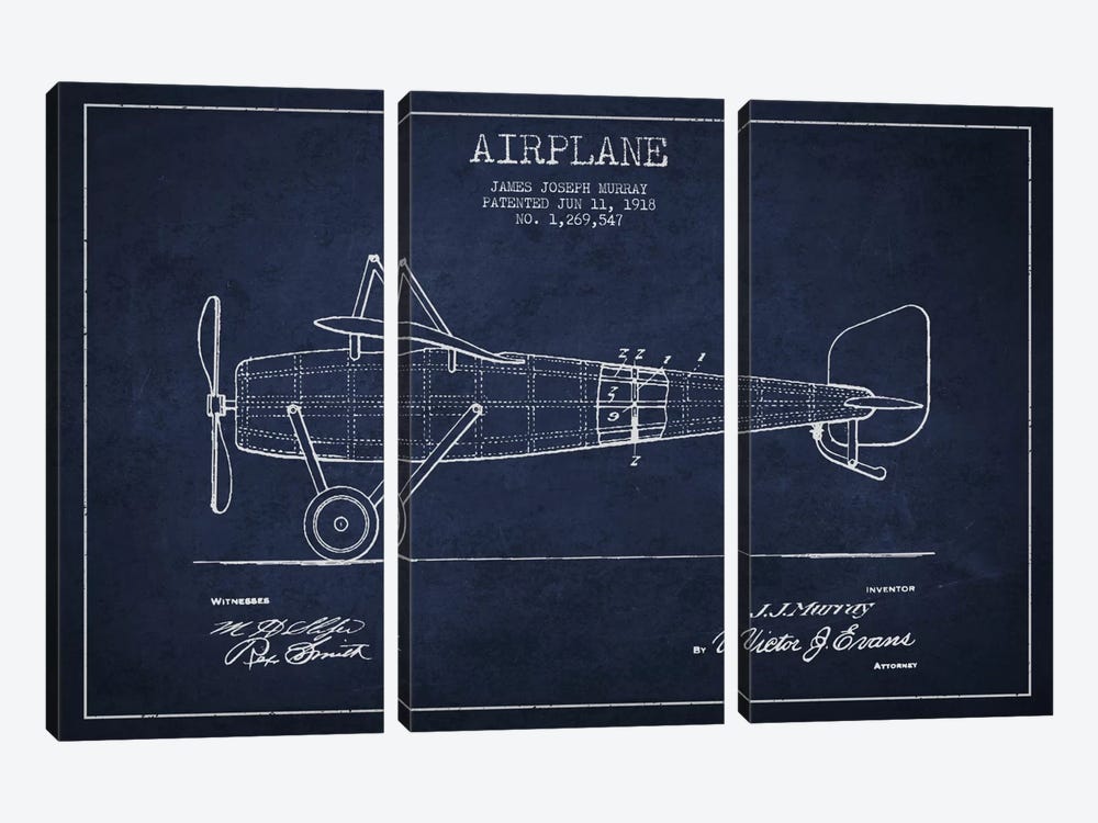 Airplane Navy Blue Patent Blueprint by Aged Pixel 3-piece Canvas Art Print