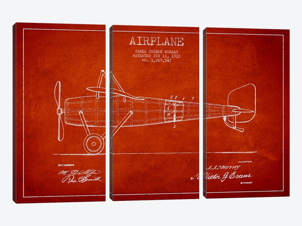 Airplane Red Patent Blueprint by Aged Pixel 3-piece Canvas Art